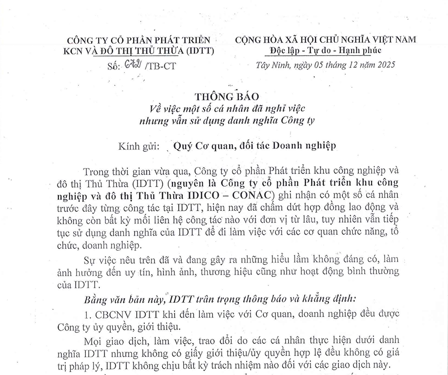 THÔNG BÁO VỀ VIỆC MỘT SỐ CÁ NHÂN ĐÃ NGHỈ VIỆC NHƯNG VẪN SỬ DỤNG DANH NGHĨA CÔNG TY